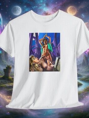 Vintage Graphic Horror Art T-Shirt in White with Colorful Print